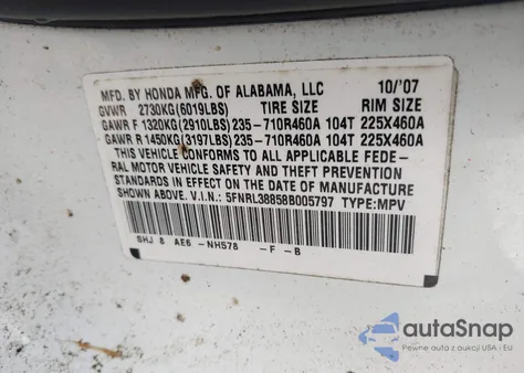 2008 Honda Odyssey Touring from USA, damaged, VIN 5FNRL38858B005797